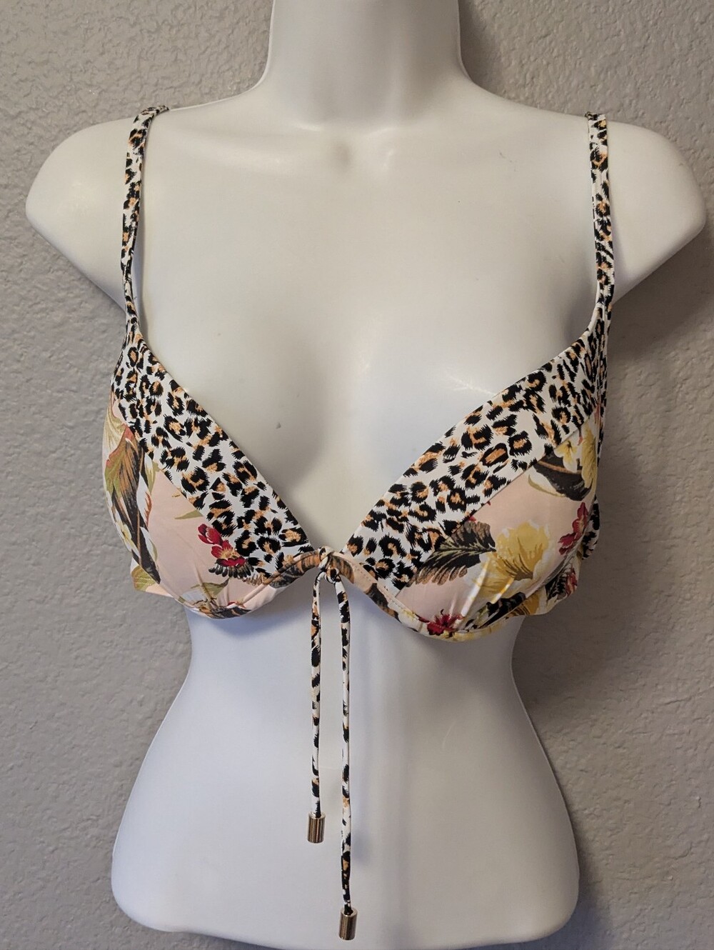 Skye Swimwear Leopard Floral Bikini Top in White, Black, Yellow